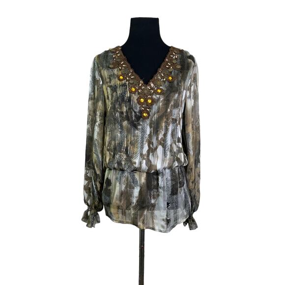 Mushka by Sienna Rose sheer embellished V-Neck Long Sleeve Blouson size S - Picture 13 of 15
